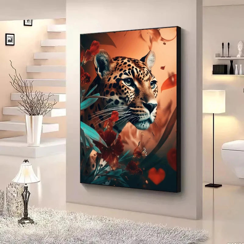 Affiche artistique jungle avec lion, panda, flamant rose et singe entourés de fleurs tropicales – impression murale colorée sur toile pour déco intérieure - Décoration intérieure
