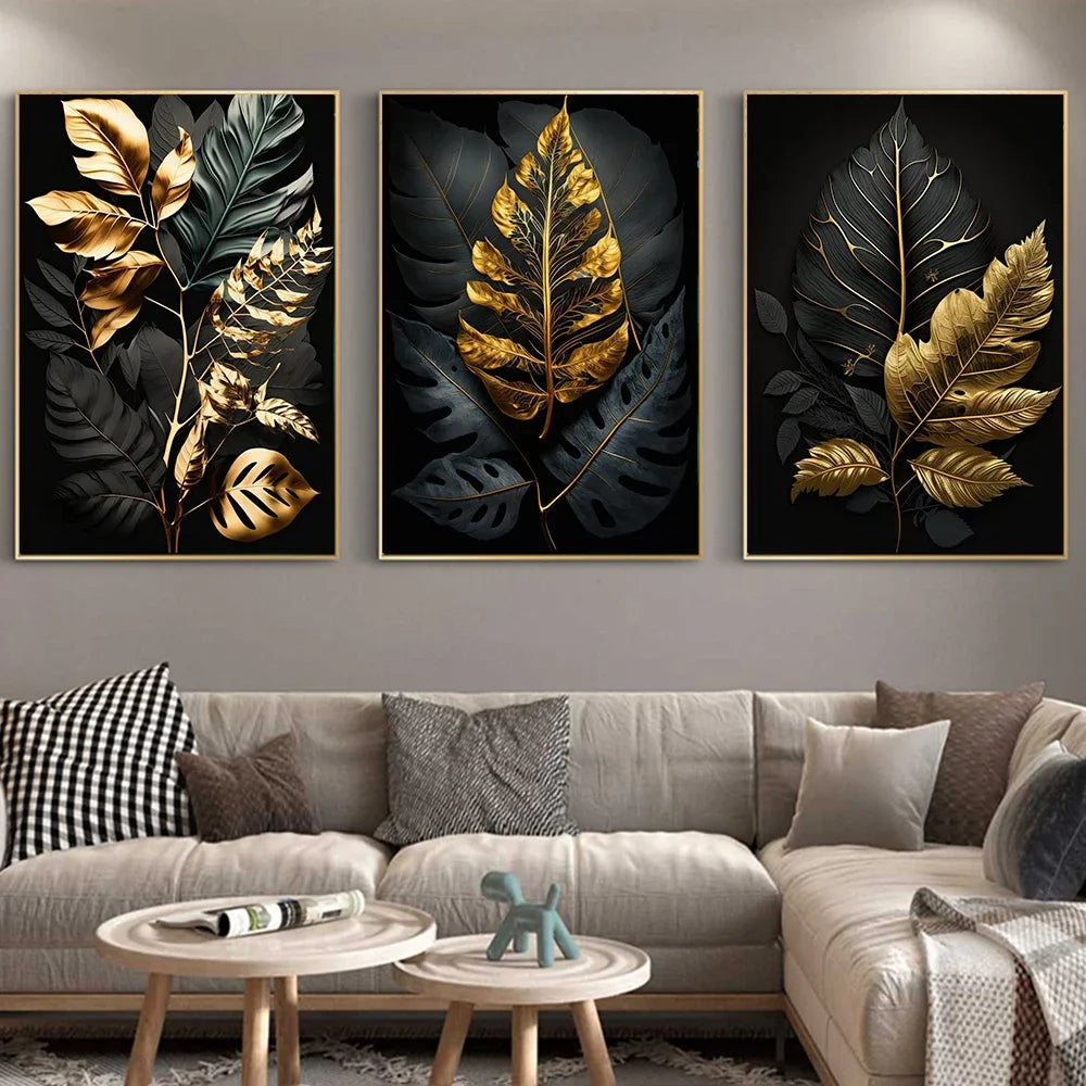 Affiche murale abstraite nordique avec feuilles noires et dorées – impression sur toile HD pour décoration moderne et élégante - Décoration intérieure