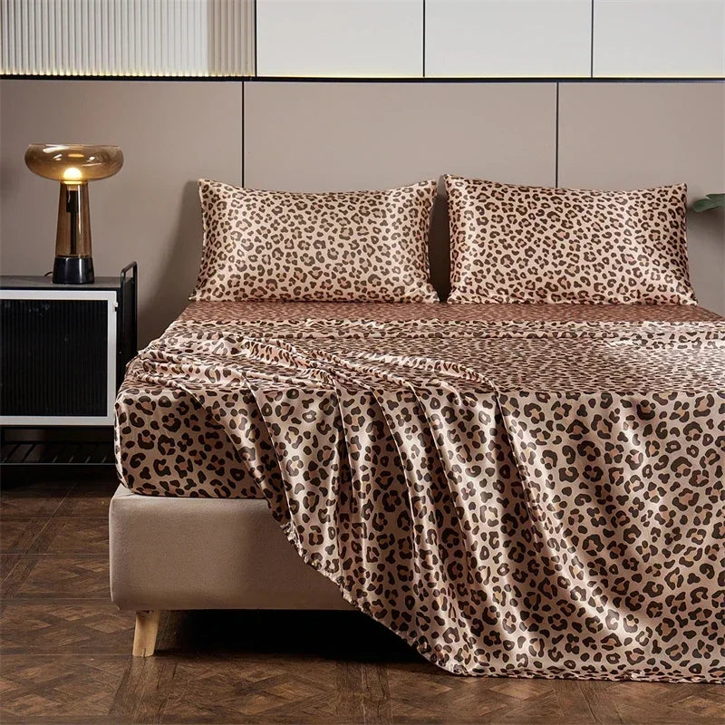 Ensemble de draps satin imprimé léopard – Drap-housse, drap plat, taies Queen & King Size – Élégance sauvage. Décoration intérieure.
