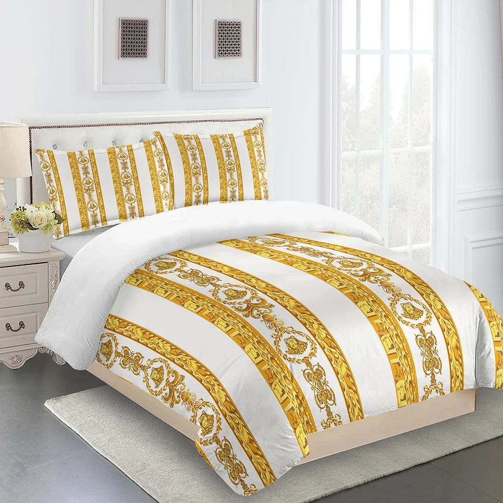 Ensemble de literie 3D blanc et doré – Style éthiopien, housse de couette et taies d’oreiller. Décoration Intérieure.