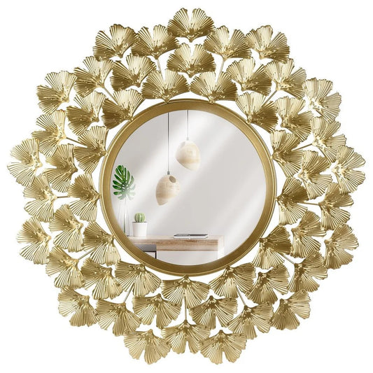 Miroir mural rond doré avec décor feuilles de ginkgo, accroché dans un intérieur moderne - Décoration intérieure