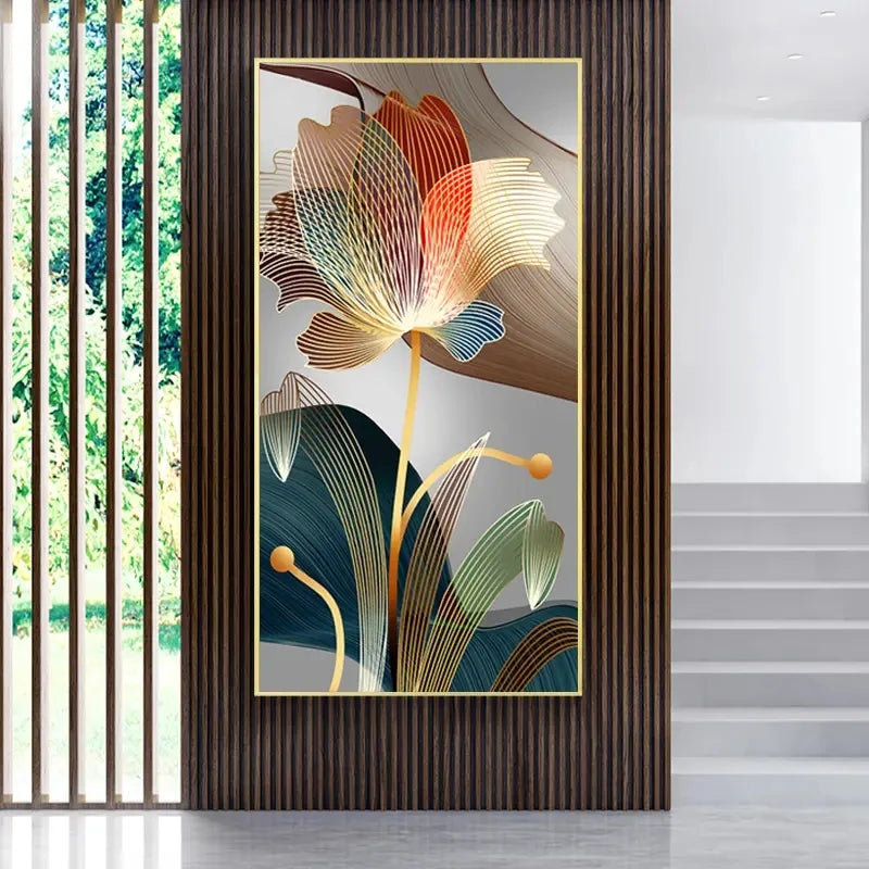Peinture abstraite fleurs et lignes dorées – toile murale moderne - Décoration intérieure
