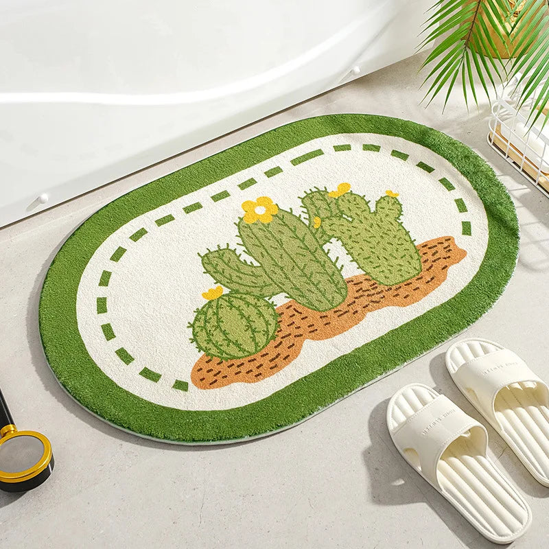 Petit tapis fleuri antidérapant avec message doux, placé devant une porte dans une entrée lumineuse - Décoration intérieure