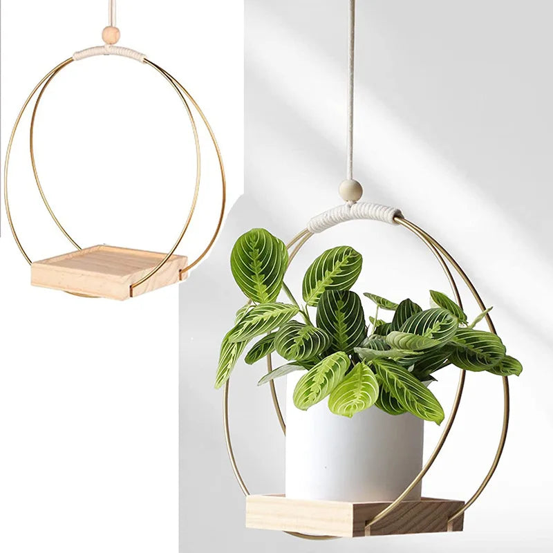 Macramé suspendue en bois naturel - Jardinière