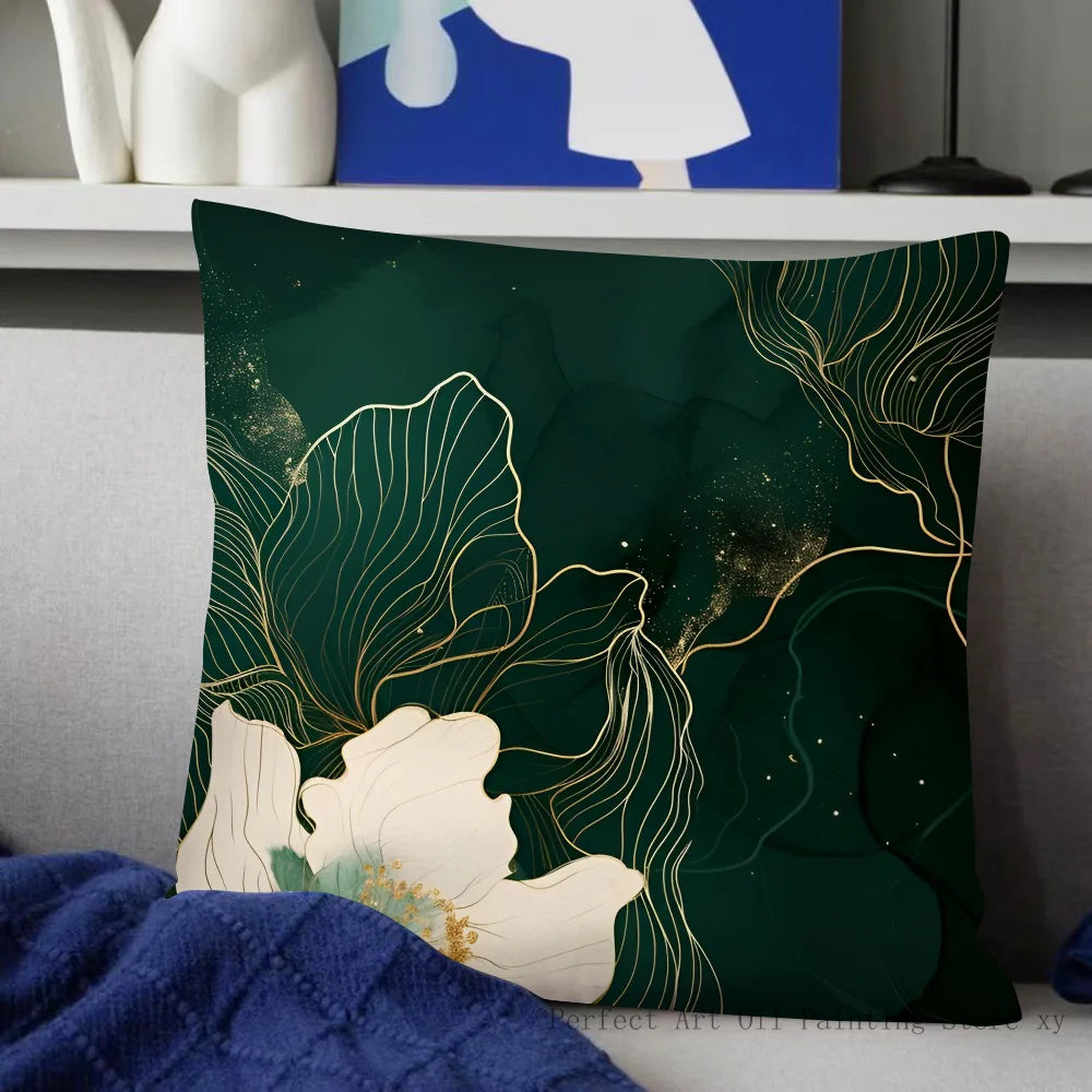 Housse de Coussin Carrée à Motif Feuilles Vertes