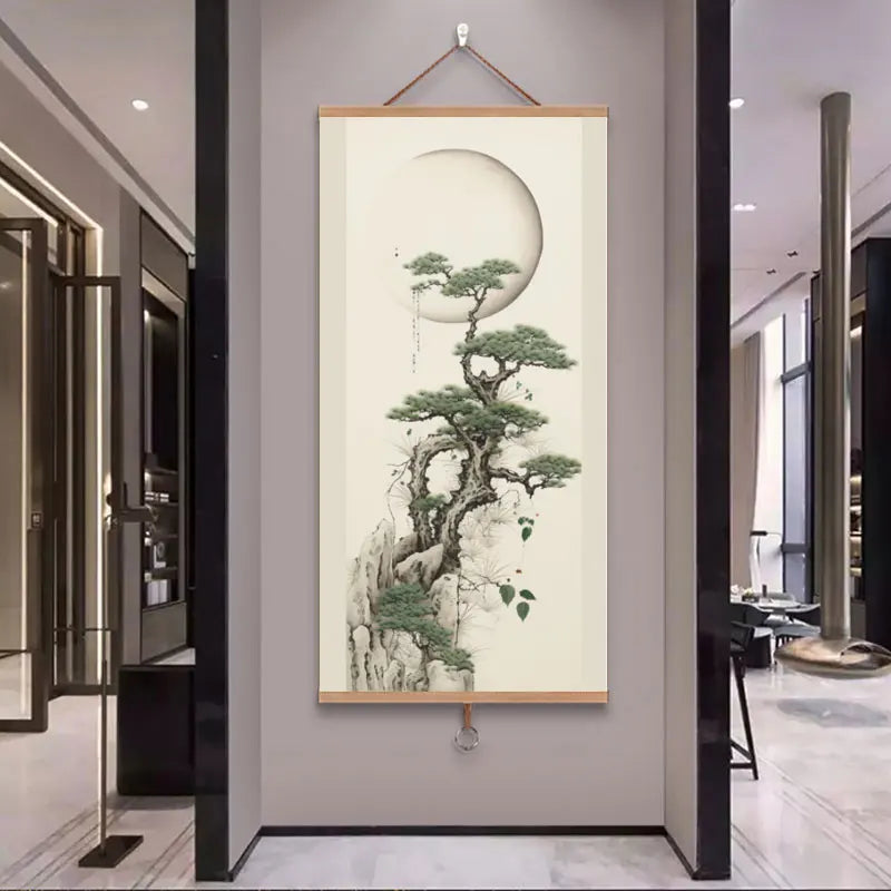 Toile murale arbre de pin style chinois – décoration zen imprimée pour salon, bureau ou couloir - Décoration intérieure