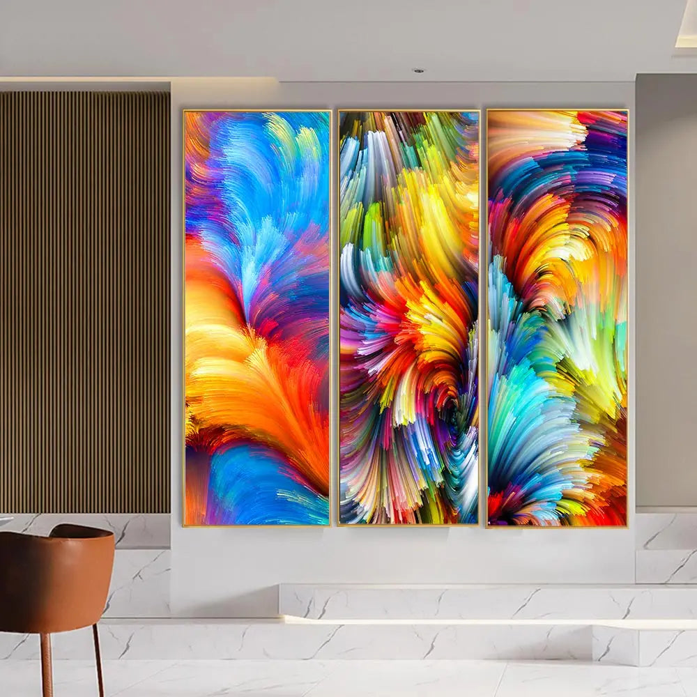 Affiche murale abstraite avec fleurs colorées et oiseau moderne, imprimée sur toile sans cadre, suspendue dans un salon lumineux et contemporain - Décoration intérieure