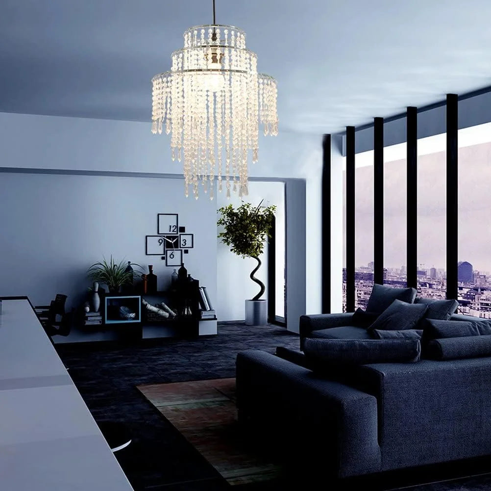 Abat-jour suspendu en acrylique à 3 niveaux avec perles décoratives – luminaire féerique pour chambre ou décoration de mariage romantique - Décoration intérieure.