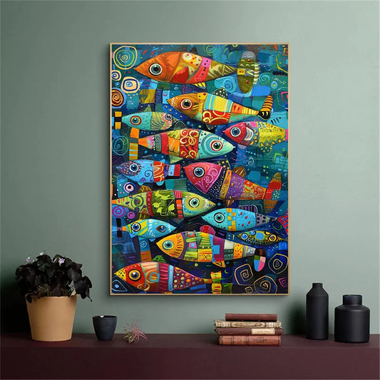 Affiche abstraite colorée de poissons nageant dans la mer, imprimée sur toile vintage, accrochée dans une cuisine moderne sans cadre - Décoration intérieure