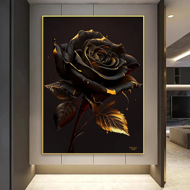 Affiche abstraite fleur rose noire et tournesol doré – toile murale nordique moderne pour décoration intérieure élégante - Décoration intérieure