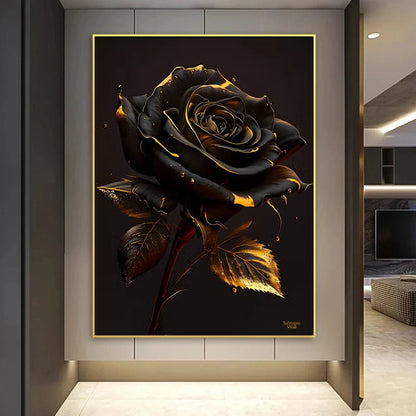 Affiche abstraite fleur rose noire et tournesol doré – toile murale nordique moderne pour décoration intérieure élégante - Décoration intérieure