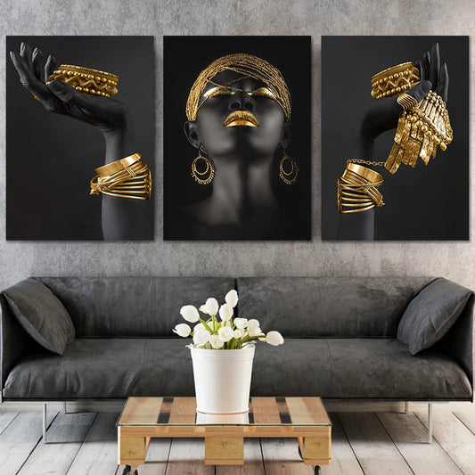 Affiche artistique de femme africaine élégante avec bijoux dorés, imprimée sur toile vintage sans cadre, accrochée dans un salon moderne - Décoration antérieure