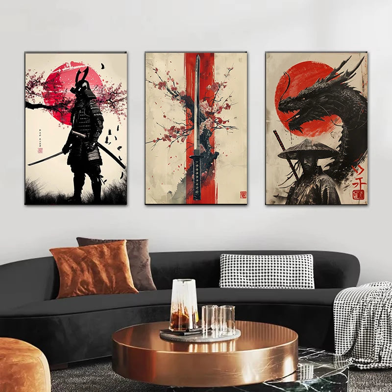 Affiche d’art japonais avec samouraï, geisha, bonsaï, porte Torii et cerisiers Sakura – décoration murale zen - Décoration intérieure