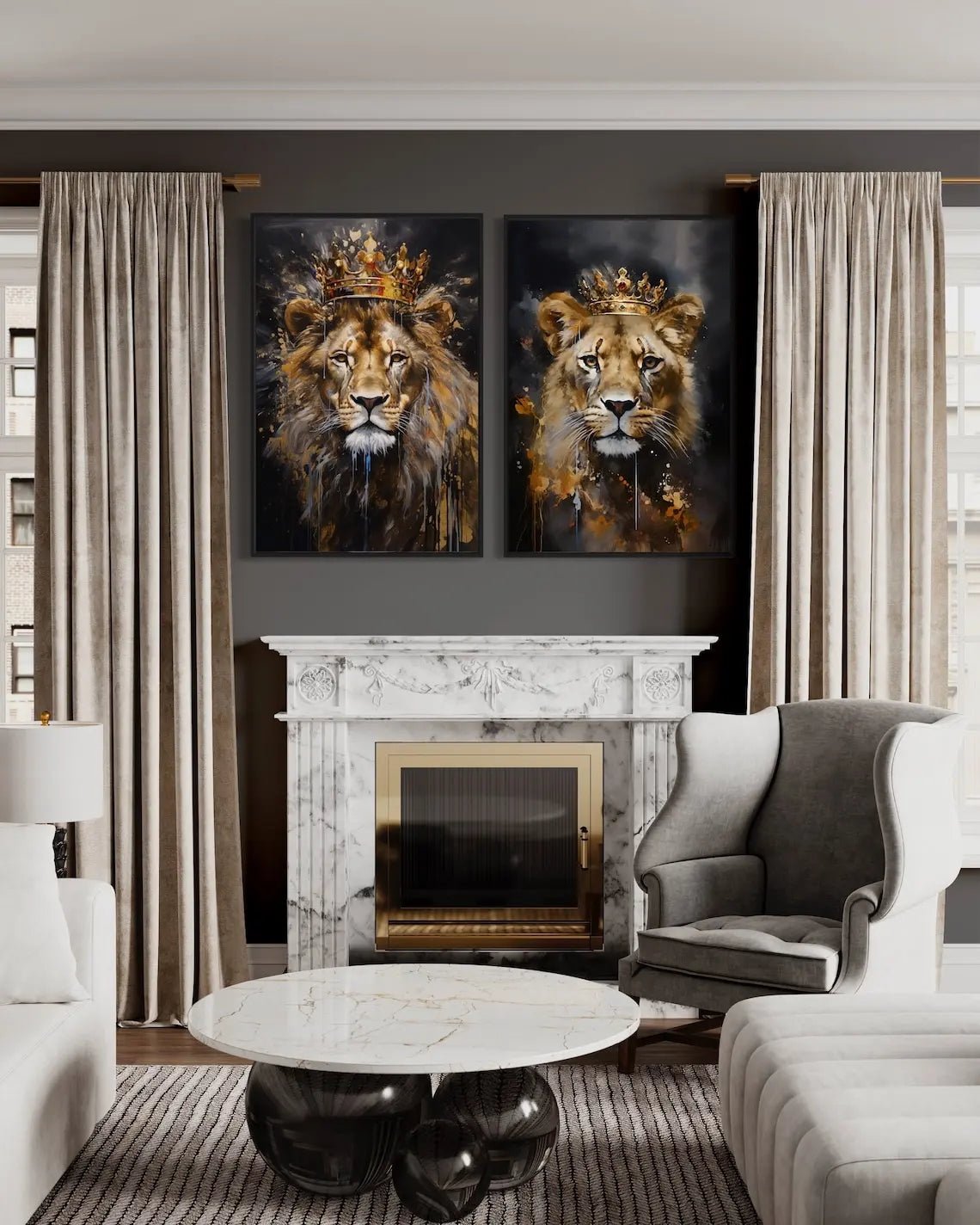 Affiche murale Roi Lion et Reine Lionne avec couronne – toile or noir romantique pour décoration de chambre ou salon - Décoration intérieure