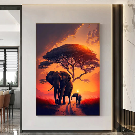 Affiche murale abstraite d’un éléphant au coucher du soleil, imprimée sur toile sans cadre, suspendue dans un salon chaleureux et moderne - Décoration intérieure