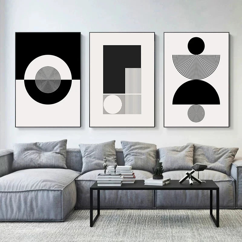 Affiche murale abstraite géométrique en noir et blanc, art moderne imprimé sur toile, décoration élégante pour salon, chambre ou bureau contemporain  Décoration intérieure