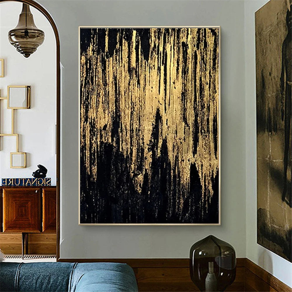 Affiche murale abstraite moderne en peinture à l’huile dessinée à la main sur toile, avec feuille d’or, idéale pour une décoration de salon élégante - Décoration intérieure