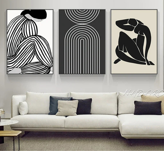Affiche murale abstraite noir et blanc – art minimaliste scandinave imprimé sur toile pour décoration moderne de salon ou chambre - Décoration intérieure
