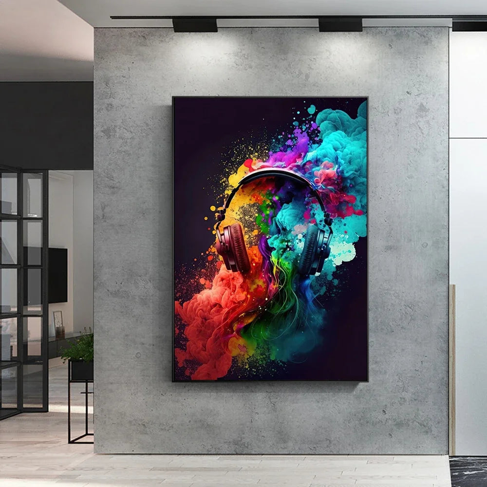 Affiche murale colorée avec notes musicales et instruments abstraits – art moderne sur toile pour décoration de salon ou studio musical - Décoration intérieure