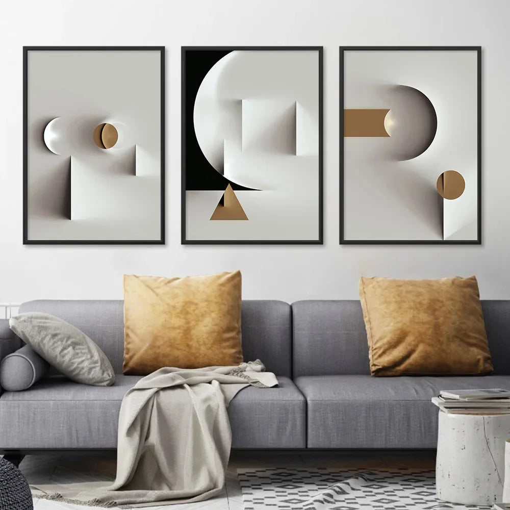 Affiche murale minimaliste moderne avec lignes géométriques noires et blanches et détails dorés haute définition – décoration élégante pour salon ou chambre - Décoration intérieure

