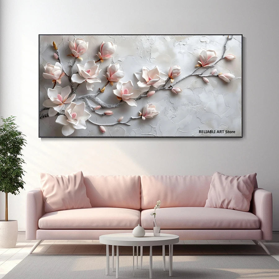 Affiche murale moderne de fleurs blanches sur fond gris plat, style 2D minimaliste, impression sur toile sans cadre - Décoration intérieure