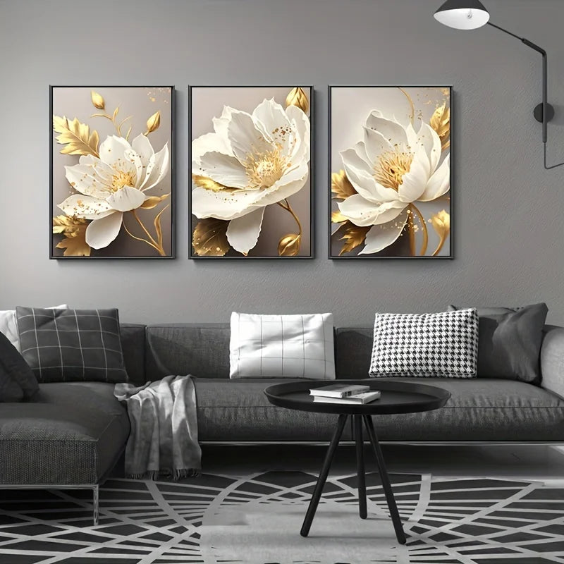 Affiches murales modernes en 3 pièces avec plantes dorées et fleurs blanches sur toile, décoration élégante sans cadre pour salon ou cuisine - Décoration intérieure