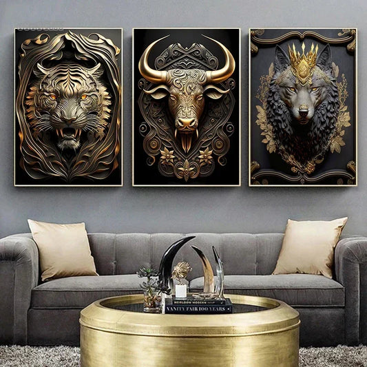 Art mural animal en métal noir et or représentant un roi, un dragon, un tigre et un chien sur toile imprimée – décoration puissante pour salon moderne - Décoration intérieure