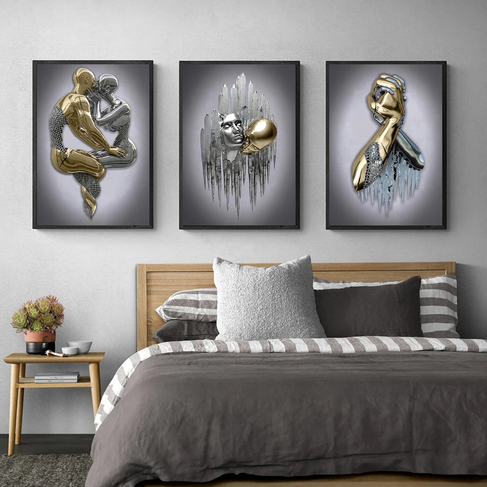 Art mural métallique 3D représentant un cœur d’amour et un couple enlacé dans un baiser romantique – décoration murale moderne pour salon - Décoration intérieure