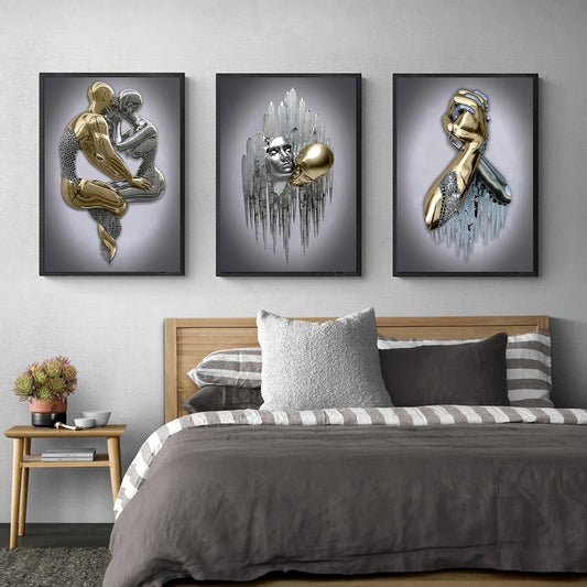Art mural métallique 3D représentant un cœur d’amour et un couple enlacé dans un baiser romantique – décoration murale moderne pour salon - Décoration intérieure