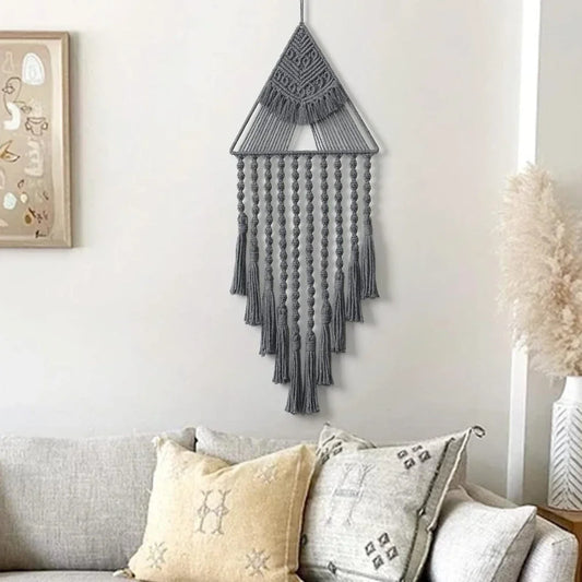 Attrape-rêves mural en macramé triangle marron avec pompons, déco bohème pour la maison - Décoration intérieure