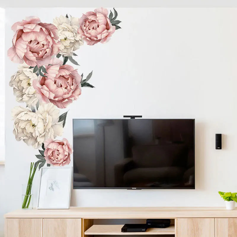 Autocollant mural décoratif pivoine et rose – sticker élégant pour salon, chambre et fond de télévision - Décoration intérieure