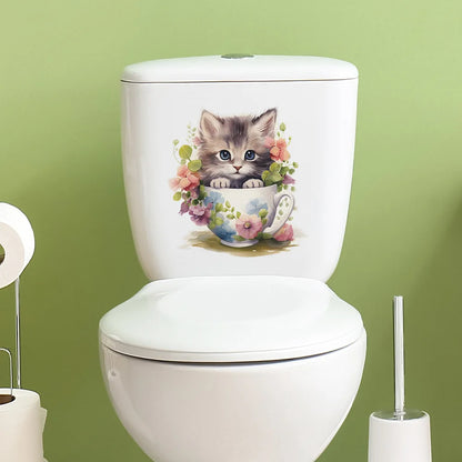 Autocollant mural en forme de tasse à thé avec motif chat et fleurs posé sur mur de salle de bain, déco fantaisiste en vinyle imperméable - Décoration intérieure