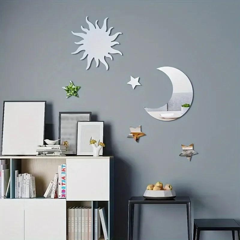 Autocollants déco muraux en acrylique en forme de lune, étoiles et soleil, brillants, amovibles et auto-adhésifs - Décoration intérieure
