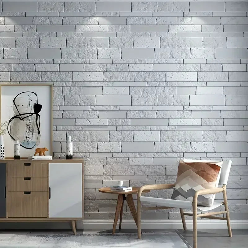 Autocollants muraux 3D effet brique en vinyle couleur unie posés sur mur de salon moderne, décoration texturée et imperméable - Décoration intérieure