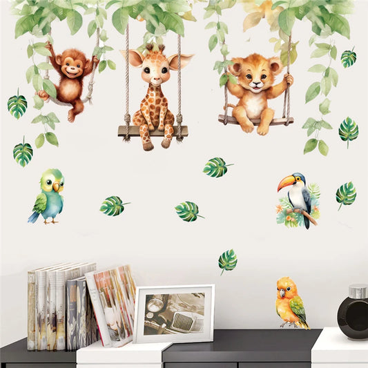 Autocollants muraux dessin animé représentant un singe, une girafe, un lion et des oiseaux sur balançoires, déco joyeuse dans une chambre d’enfant - Décoration intérieure
