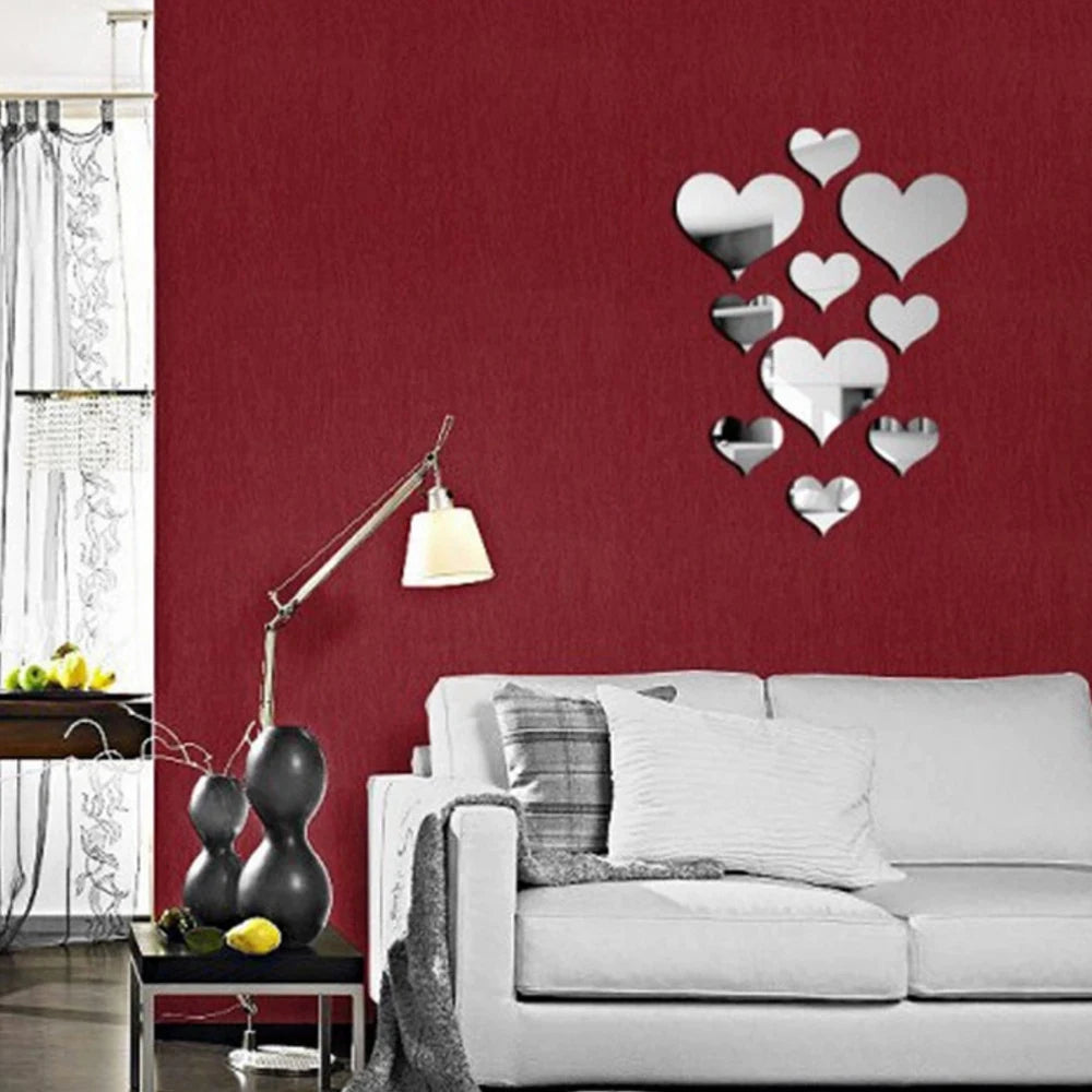 Autocollants muraux en forme de cœur effet miroir 3D, appliqués en décoration romantique sur un mur intérieur moderne - Décoration intérieure