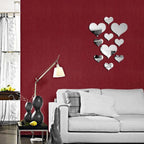 Autocollants muraux en forme de cœur effet miroir 3D, appliqués en décoration romantique sur un mur intérieur moderne - Décoration intérieure