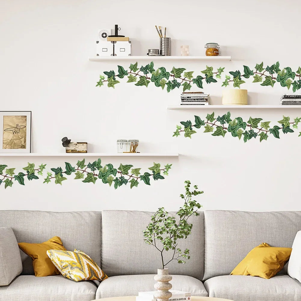 Autocollants muraux feuilles de vigne vertes posés dans une chambre lumineuse, effet nature et déco intérieure douce - Décoration intérieure