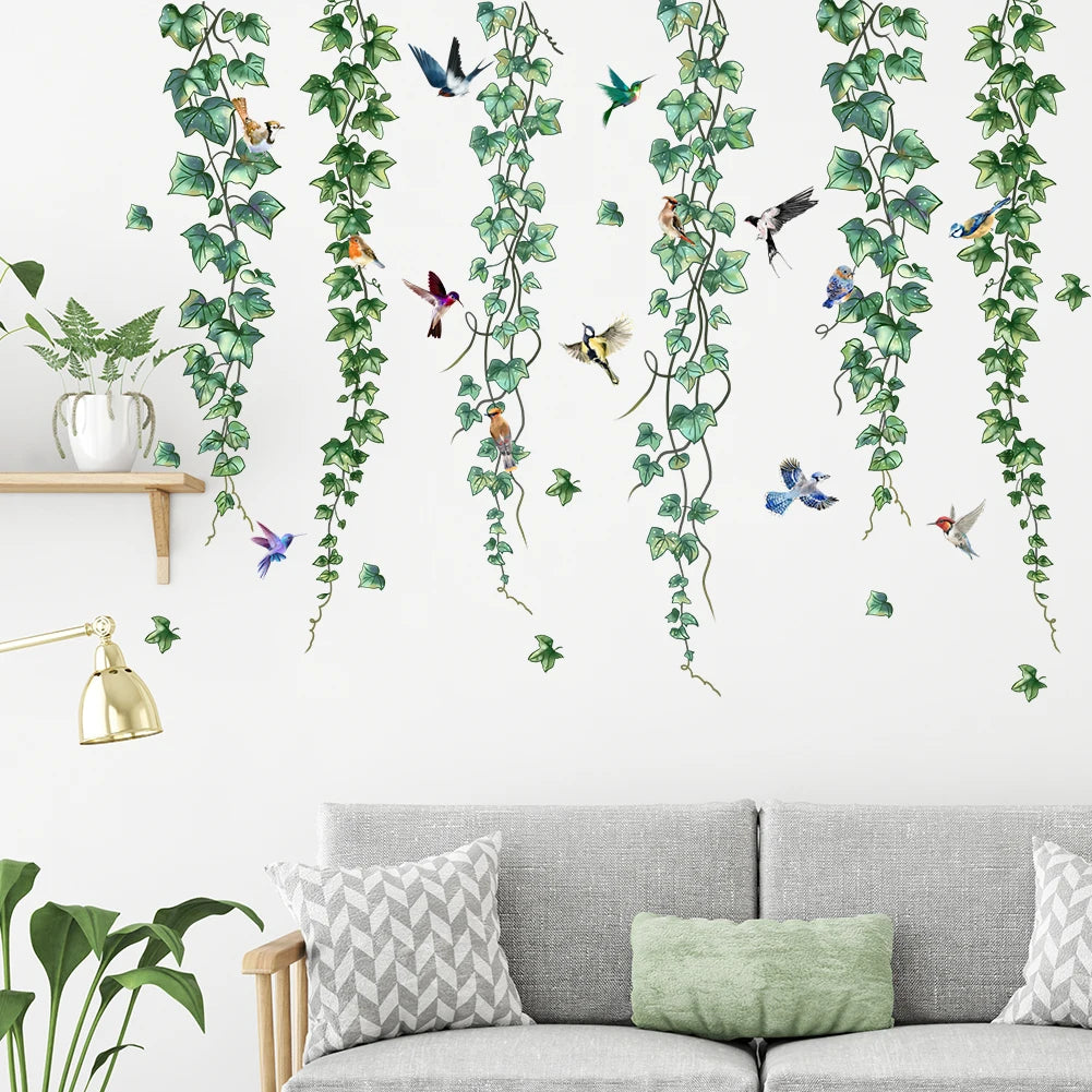 Autocollants muraux plantes vertes, fleurs et papillons posés dans une chambre d’enfant, ambiance naturelle et décorative - Décoration intérieure