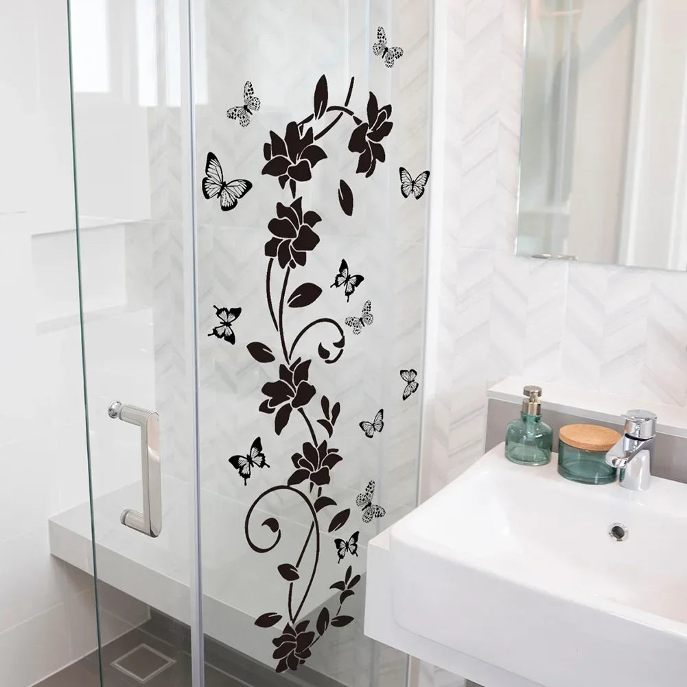 Autocollants muraux étanches papillon et jardin floral – décoration poétique pour paroi de douche et salle de bain - Décoration intérieure