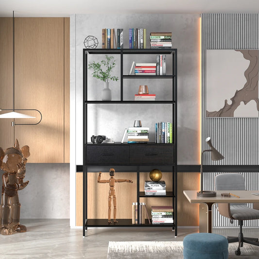 Bibliothèque autoportante haute en bois et métal, meuble design prestigieux pour salon et bureau. Décoration intérieure