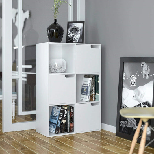Bibliothèque blanche en bois à 6 cubes pour salon ou bureau. Décoration intérieure