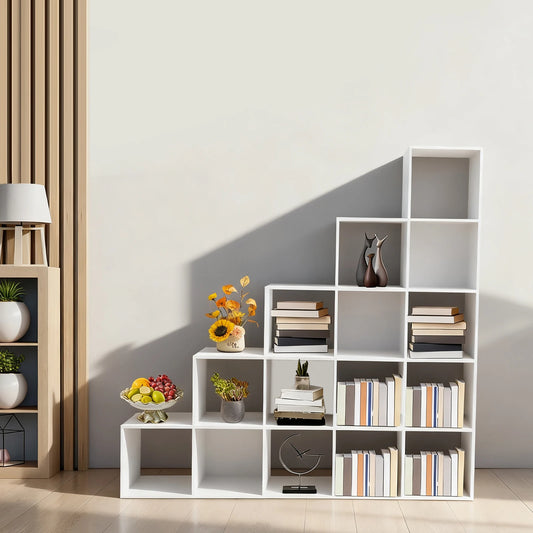 Bibliothèque d’angle en L, PVC CNC, 15 compartiments de 30 cm, capacité 70 kg, design glamour et prestigieux. Décoration intérieure