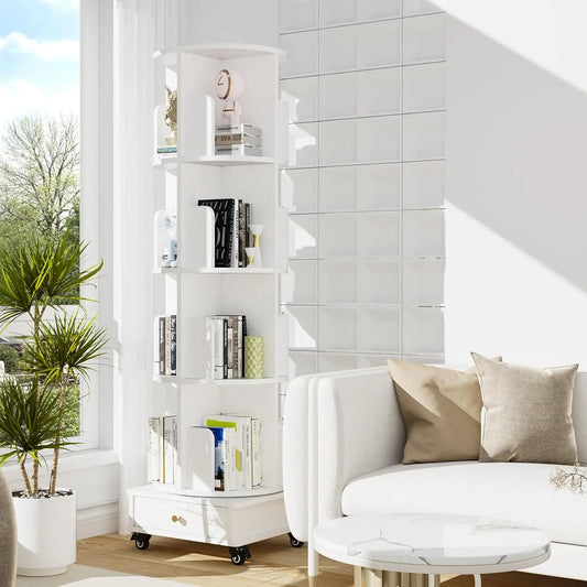 Bibliothèque d’angle en bois rotative à 4 niveaux avec tiroir et roues. Décoration intérieure