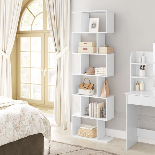 Bibliothèque design en forme de S avec 6 niveaux, 60x189.5x24 cm, élégante étagère de rangement sur pied pour salon, chambre ou bureau. Décoration interieure