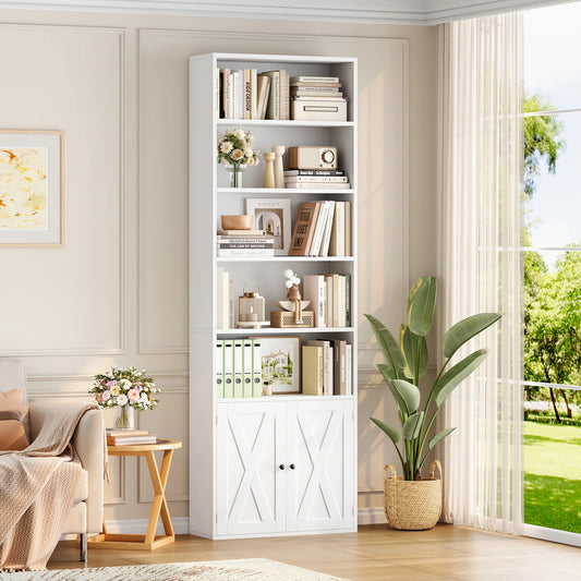 Bibliothèque en bois avec 2 portes et 8 étagères réglables. Décoration intérieure