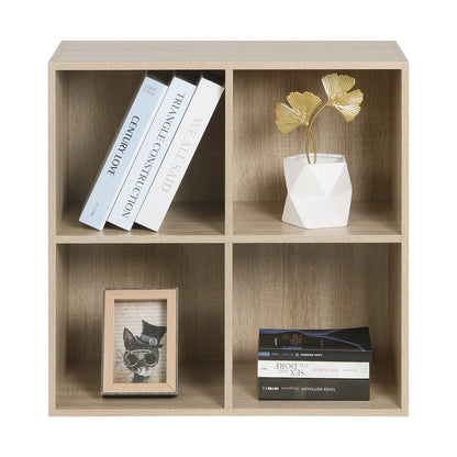 Bibliothèque en bois avec 4 cubes de rangement ouverts, idéale pour chambre à coucher. Décoration intérieure