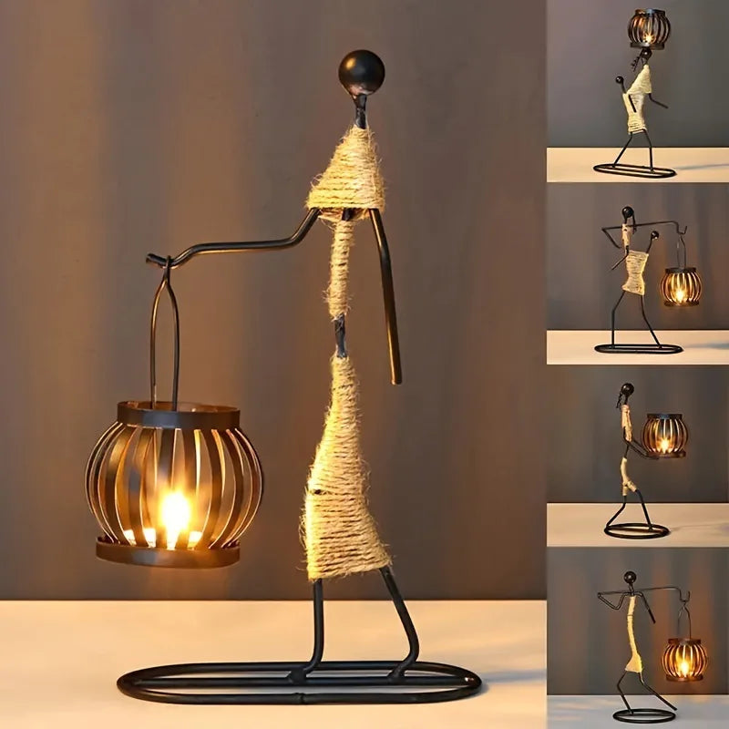 Bougeoir en métal sculpté style africain pour décoration intérieure et artistique