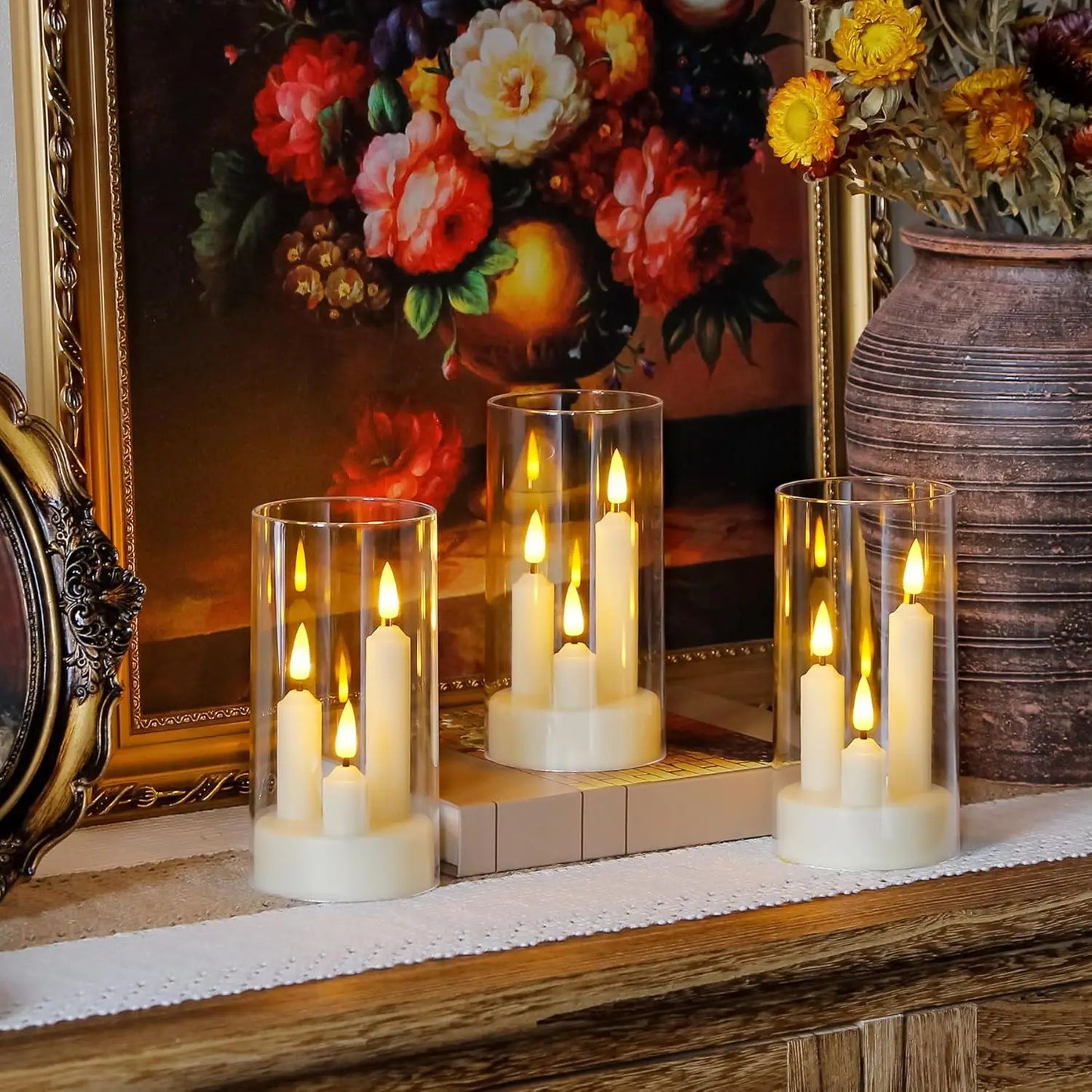 Bougies LED coniques sans flamme 3 en 1 avec abat-jour acrylique, lumière scintillante romantique pour mariage et fête glamour. Décoration intérieure