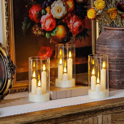 Bougies LED coniques sans flamme 3 en 1 avec abat-jour acrylique, lumière scintillante romantique pour mariage et fête glamour. Décoration intérieure